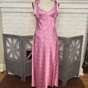 ASTR Bow‑Strap Satin Midi Dress, Pink Polka Dot – Size M